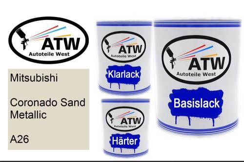 Mitsubishi, Coronado Sand Metallic, A26: 1L Lackdose + 1L Klarlack + 500ml Härter - Set, von ATW Autoteile West.